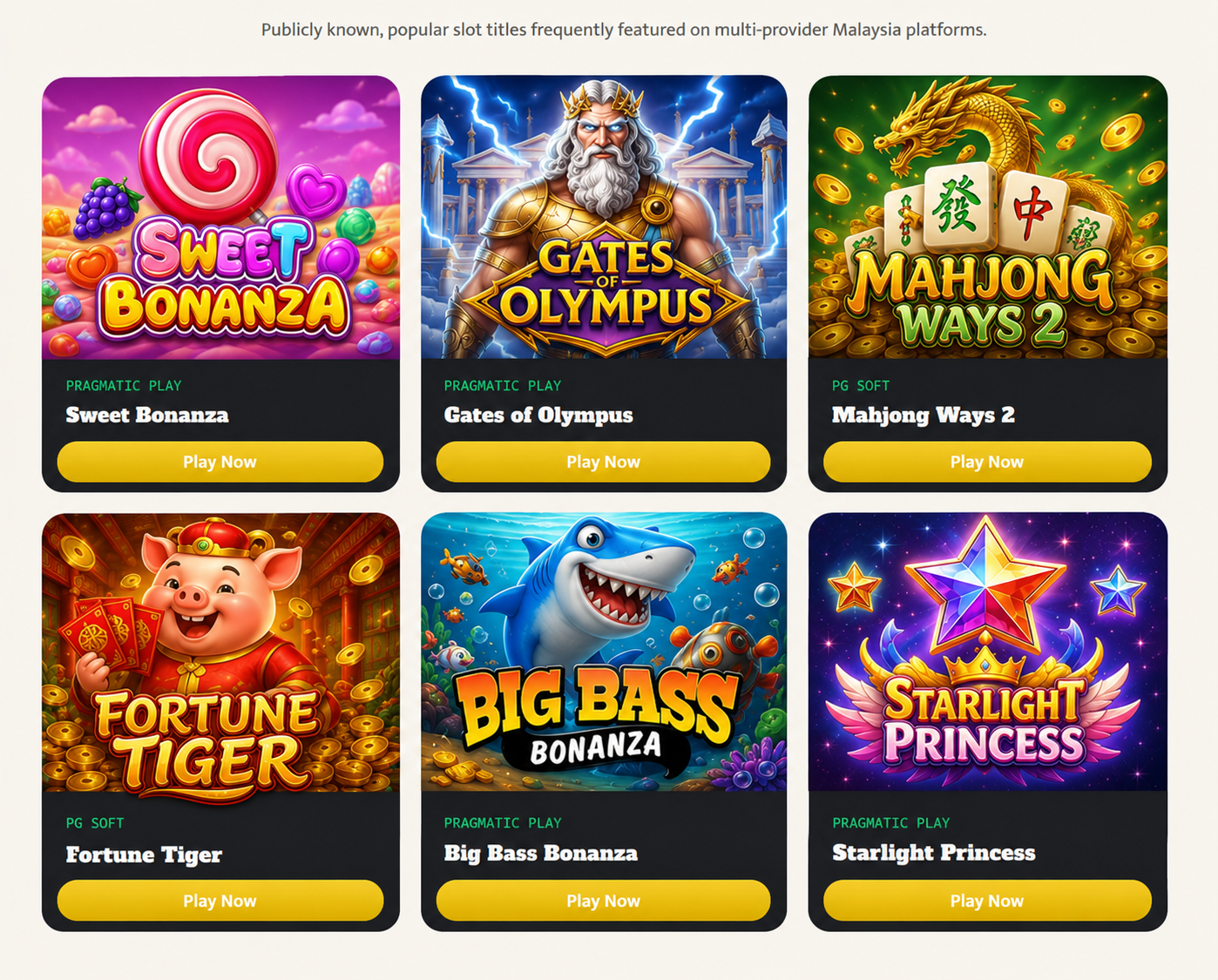 Six popular games: Sweet Bonanza, Gates of Olympus, Mahjong Ways 2, Fortune Tiger, Big Bass Bonanza and Starlight Princess