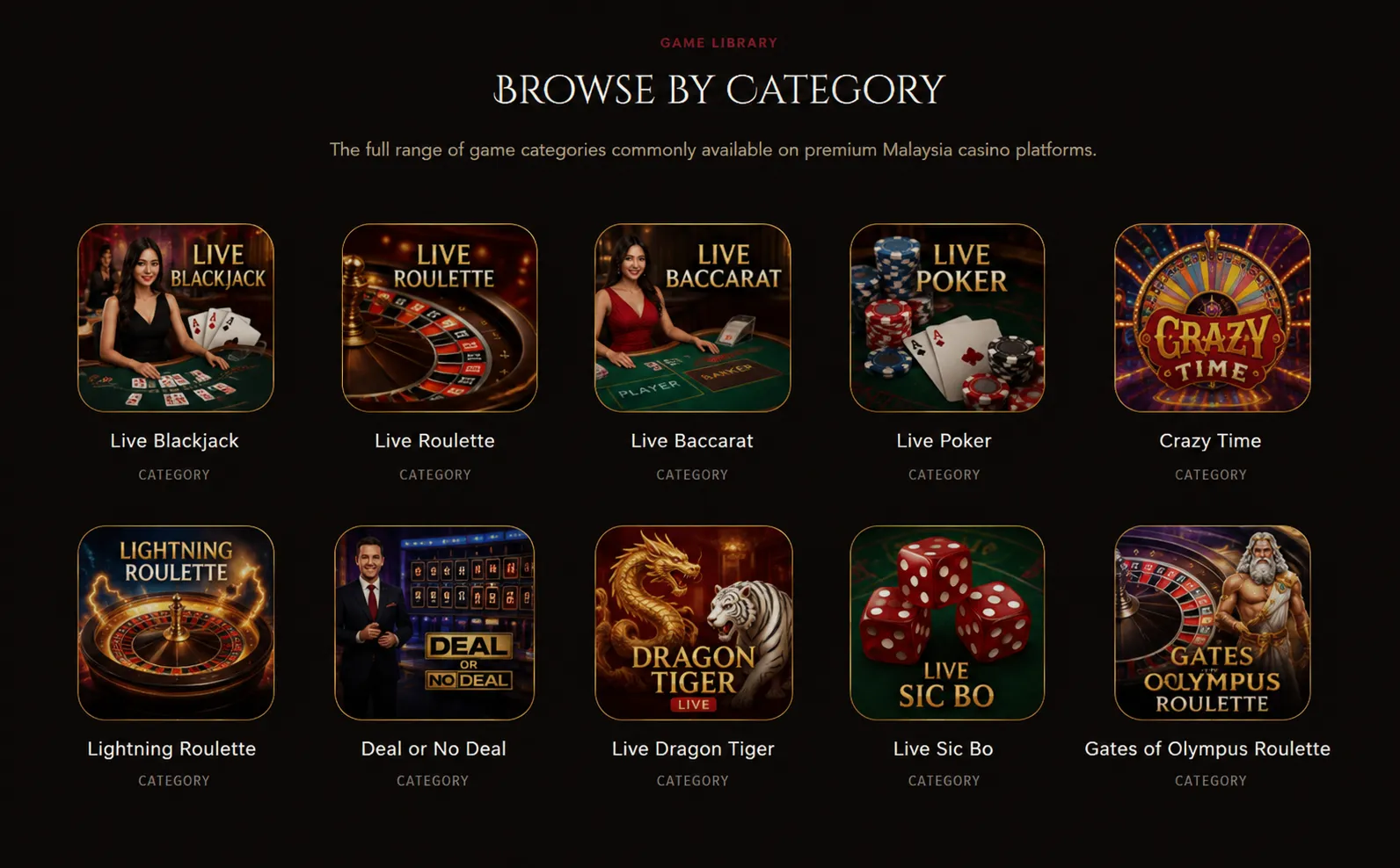 Browse ten live casino game categories including blackjack, roulette, baccarat, poker, Crazy Time, Lightning Roulette, Deal or No Deal, Dragon Tiger, Sic Bo and Gates of Olympus Roulette